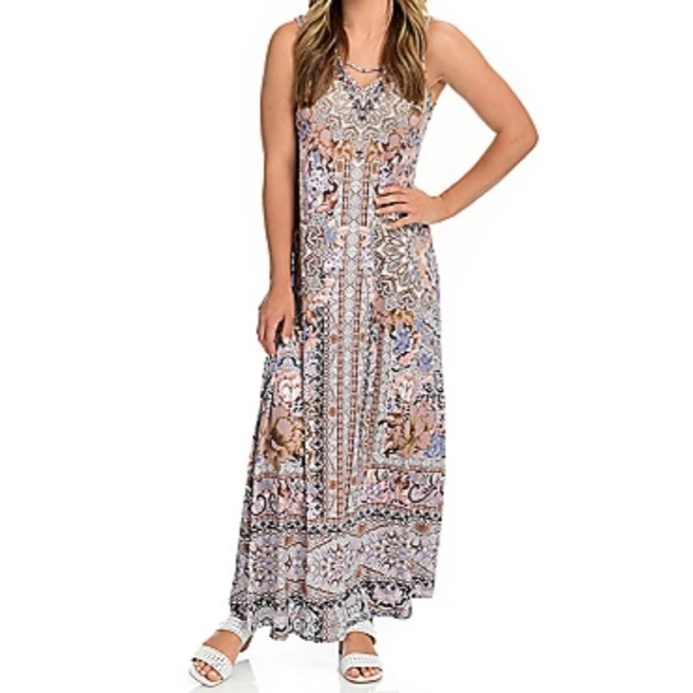NWT One World Sleeveless Tan & Blue Maxi Dress Size Large